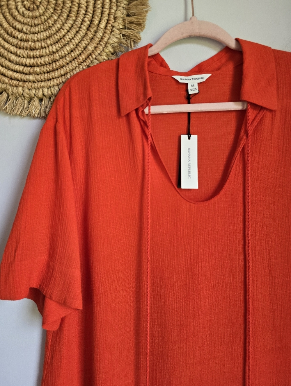 Banana Republic NEW Orange Linen Gauze Tie Tassel Popover Shirt Top SZ Medium - Picture 3 of 12